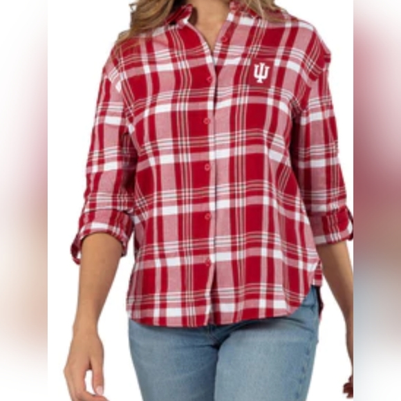 CHICKA-D Tops - LADIES INDIANA HOOSIERS BOYFRIEND CRIMSON WHITE AND RED PLAID LONG SLEEVE SHIRT